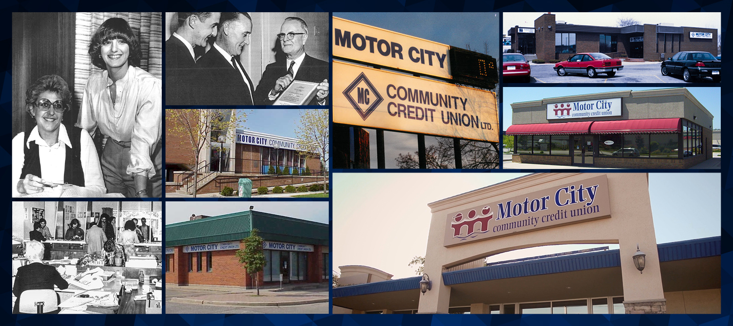 A group of photos of Motor City Community Credit Union through the years