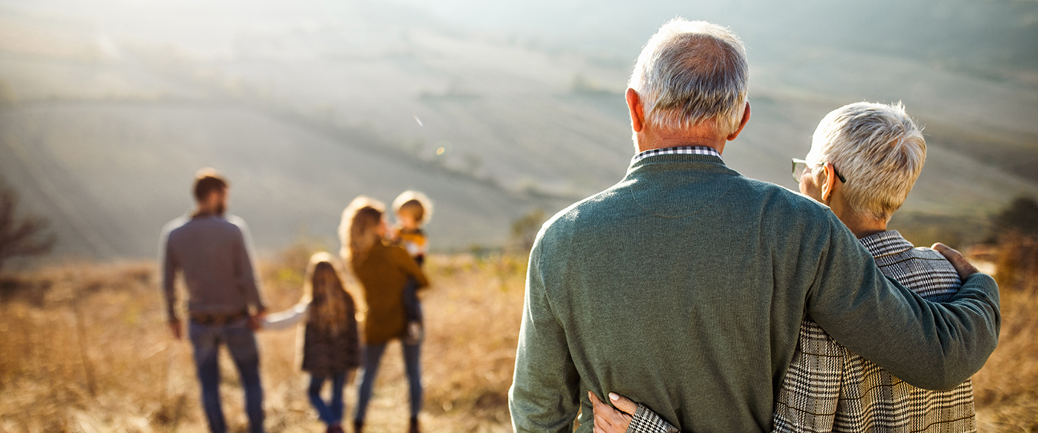 Rear view of embraced senior couple looking at their family in nature